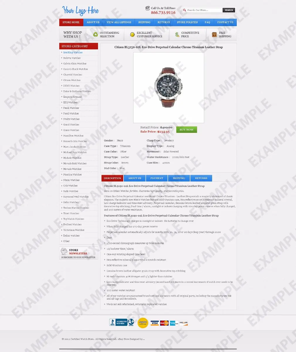 Youspan premade eBay listing template #1263 for jewelry & watches