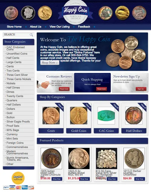 The Happy Coin's new eBay storefront design - get your free quote now