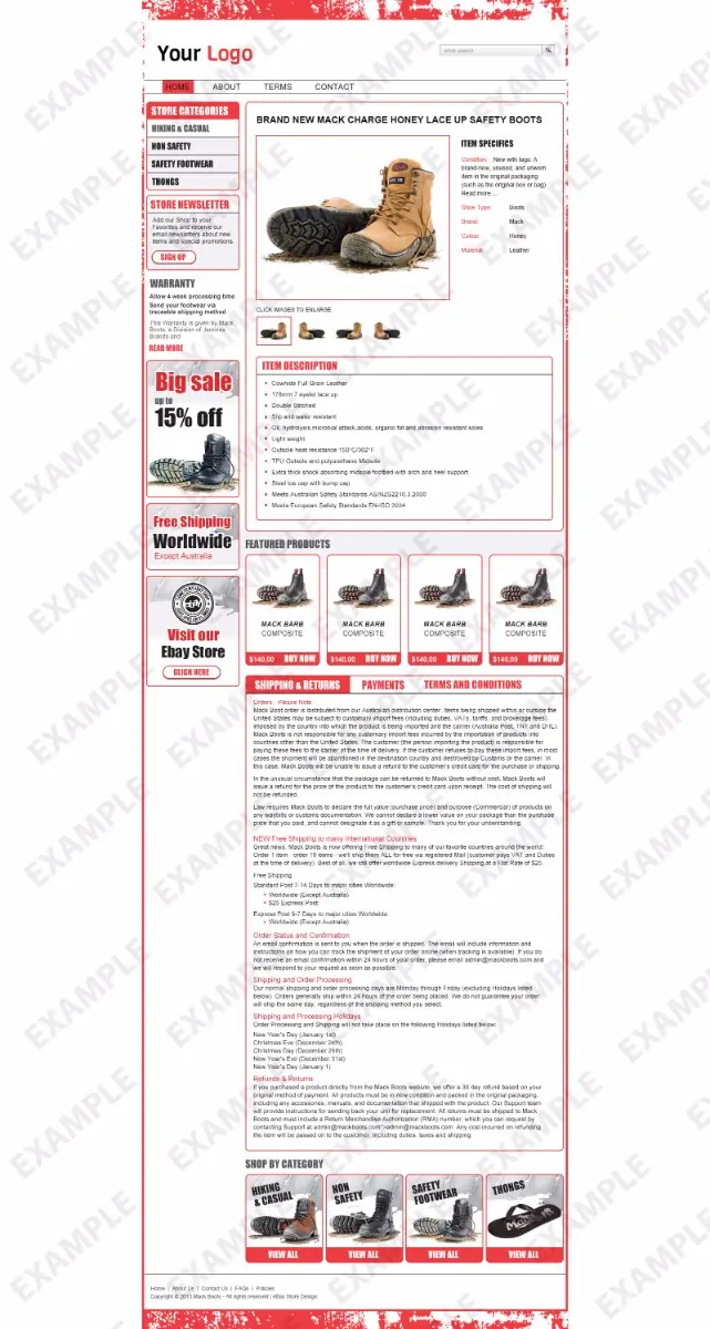 Zoompath premade eBay listing template #1292 for apparel & shoes
